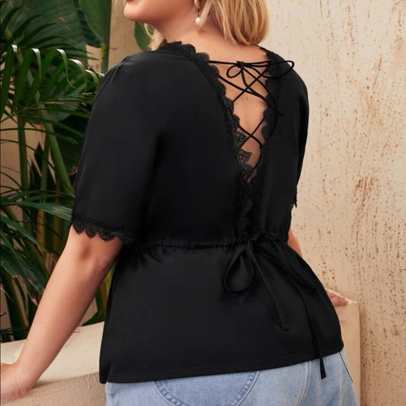 Plus Size Lace Criss Cross Back Peplum Blouse with Tie Waist, Size 4X, New - Picture 1 of 7